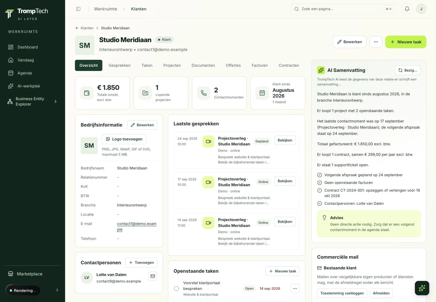 Klantgegevens, contactmomenten en openstaand werk bij elkaar. Voorbeeldweergave uit de echte demo-werkplek.