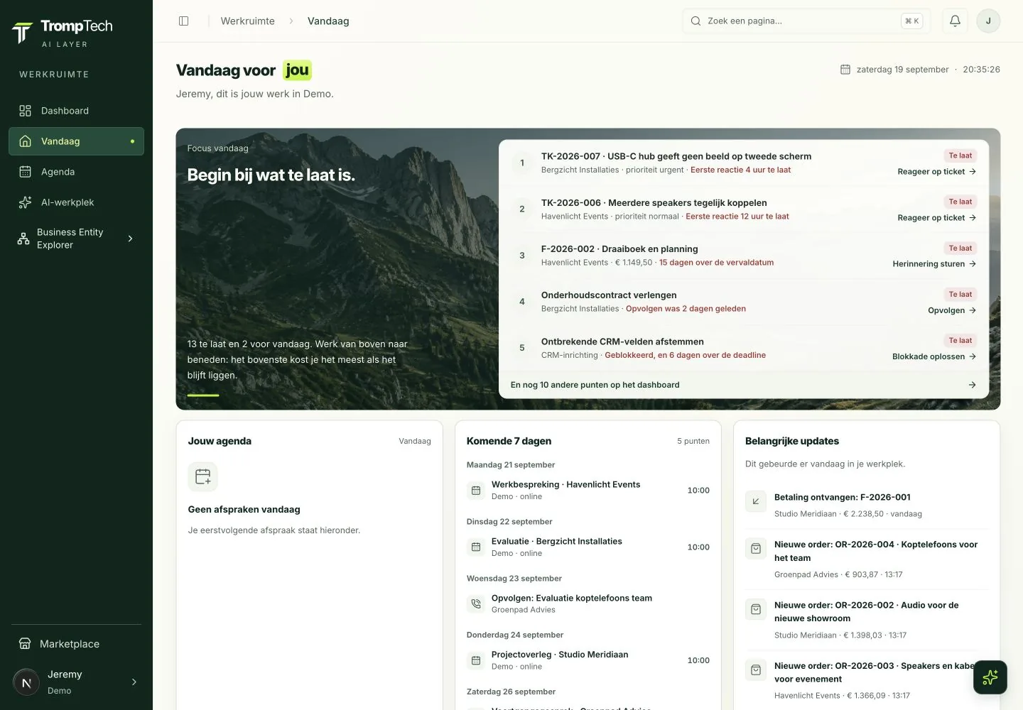 Het scherm Vandaag in TrompTech Layer, met taken, agenda en updates