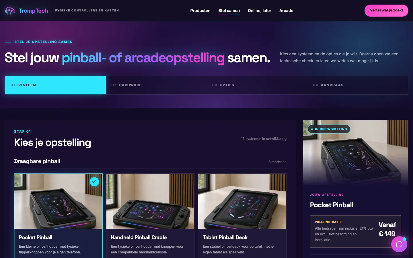 Schermafbeelding van de configurator van TrompTech Pinball, waarin je een pinballopstelling samenstelt