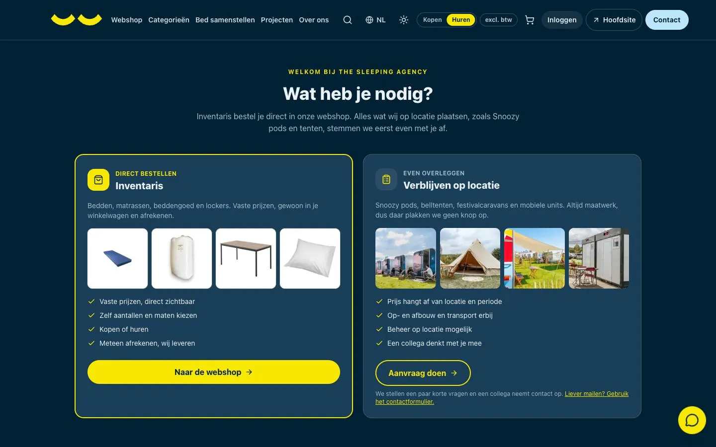 Schermafbeelding van de startpagina van de webshop van The Sleeping Agency