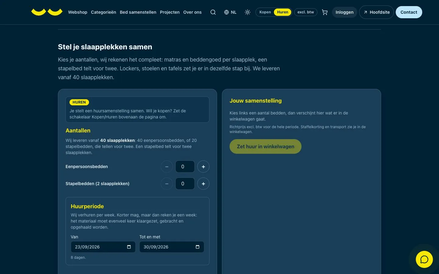 Schermafbeelding van de bedsamensteller in de webshop van The Sleeping Agency